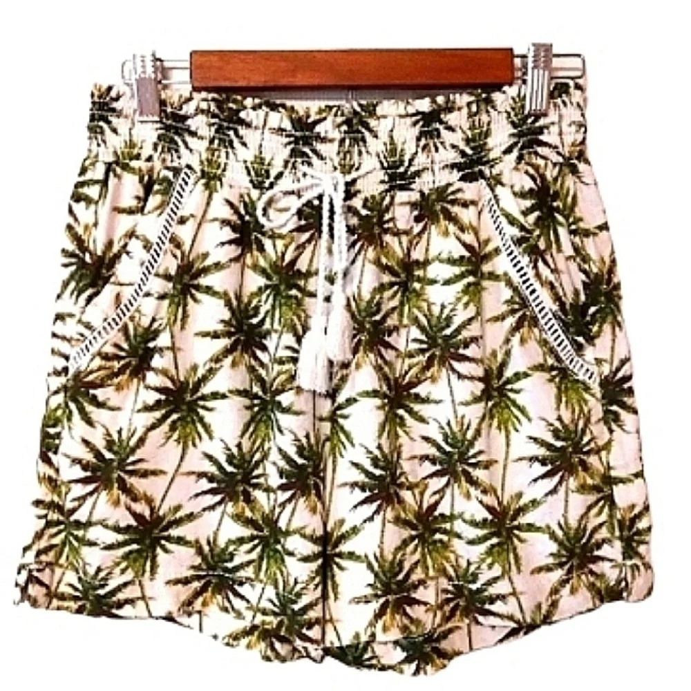Briggs Women's Tropical Palm printed Linen Rayon Blend Smock Waisted Shorts NWOT